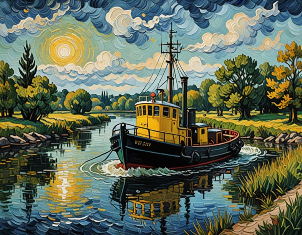 Tugboat on River as Van Gogh Style Painting