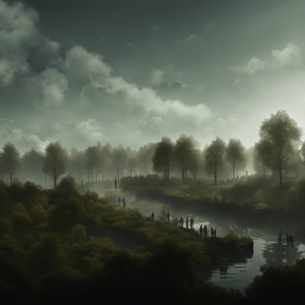 Realistic Image of People, Trees, Water, and Sunshine