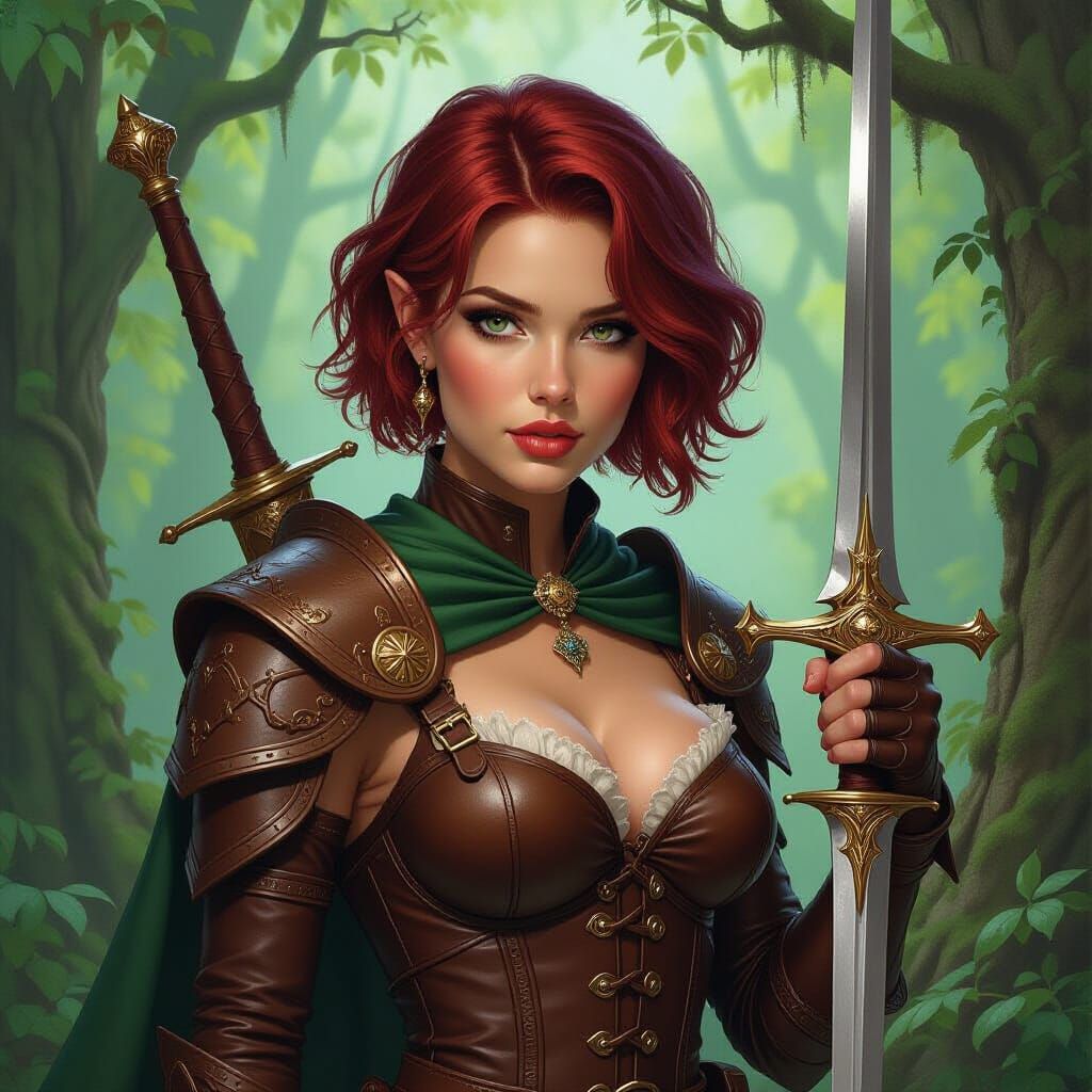 Elf Adventuress in Mystical Forest, Oil Painting Style