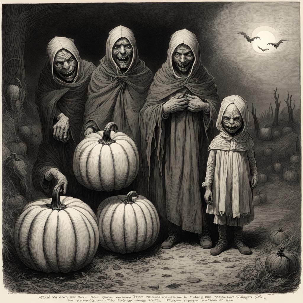 Pumpkin-Headed Family Portrait in Gothic Horror Style