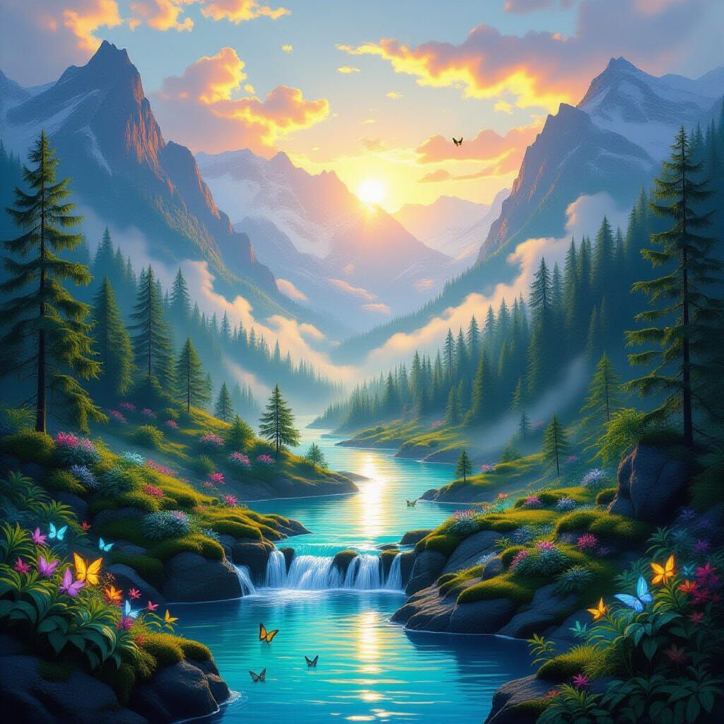 Surreal Mountain Valley Sunrise with Magical Glade