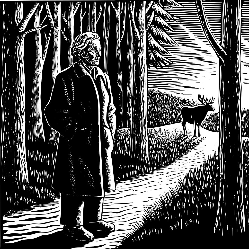 Sunrise Forest Scene with Woman and Moose