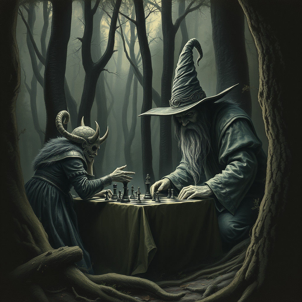 Wizard Chess Match in Dark Forest