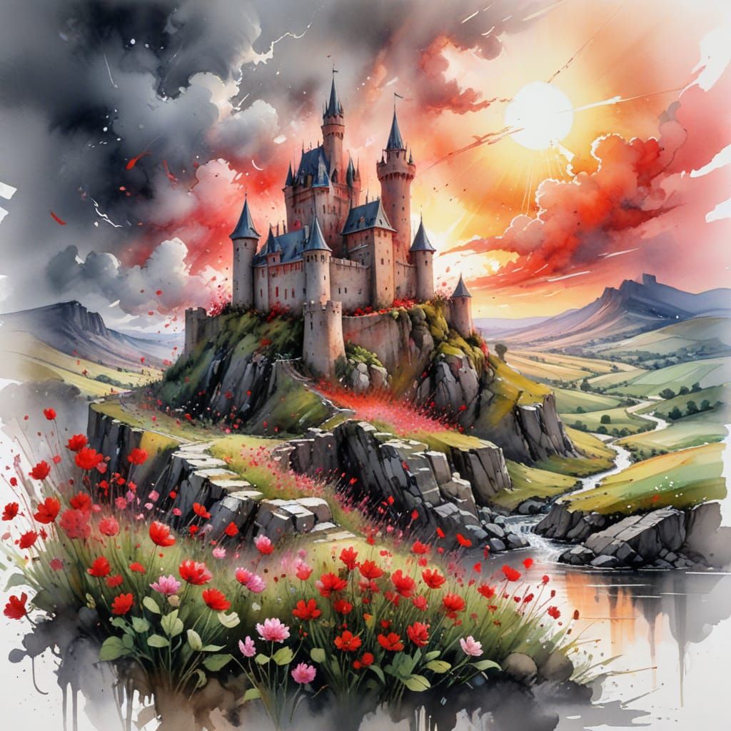 Medieval Castle Surrounded by Red Clover Fields