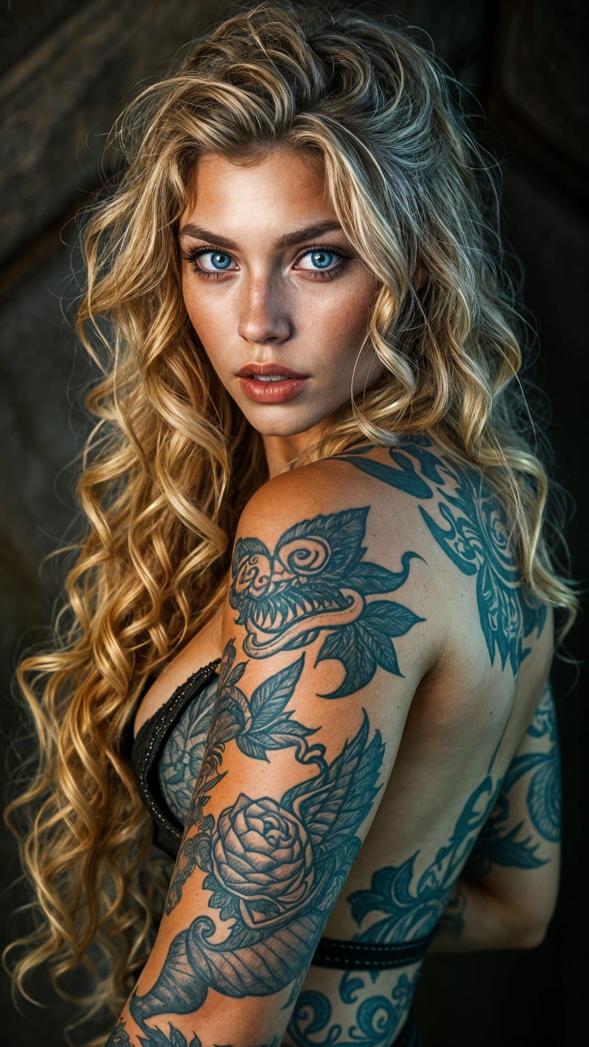 Viking Woman Portrait with Blond Hair and Tattoos