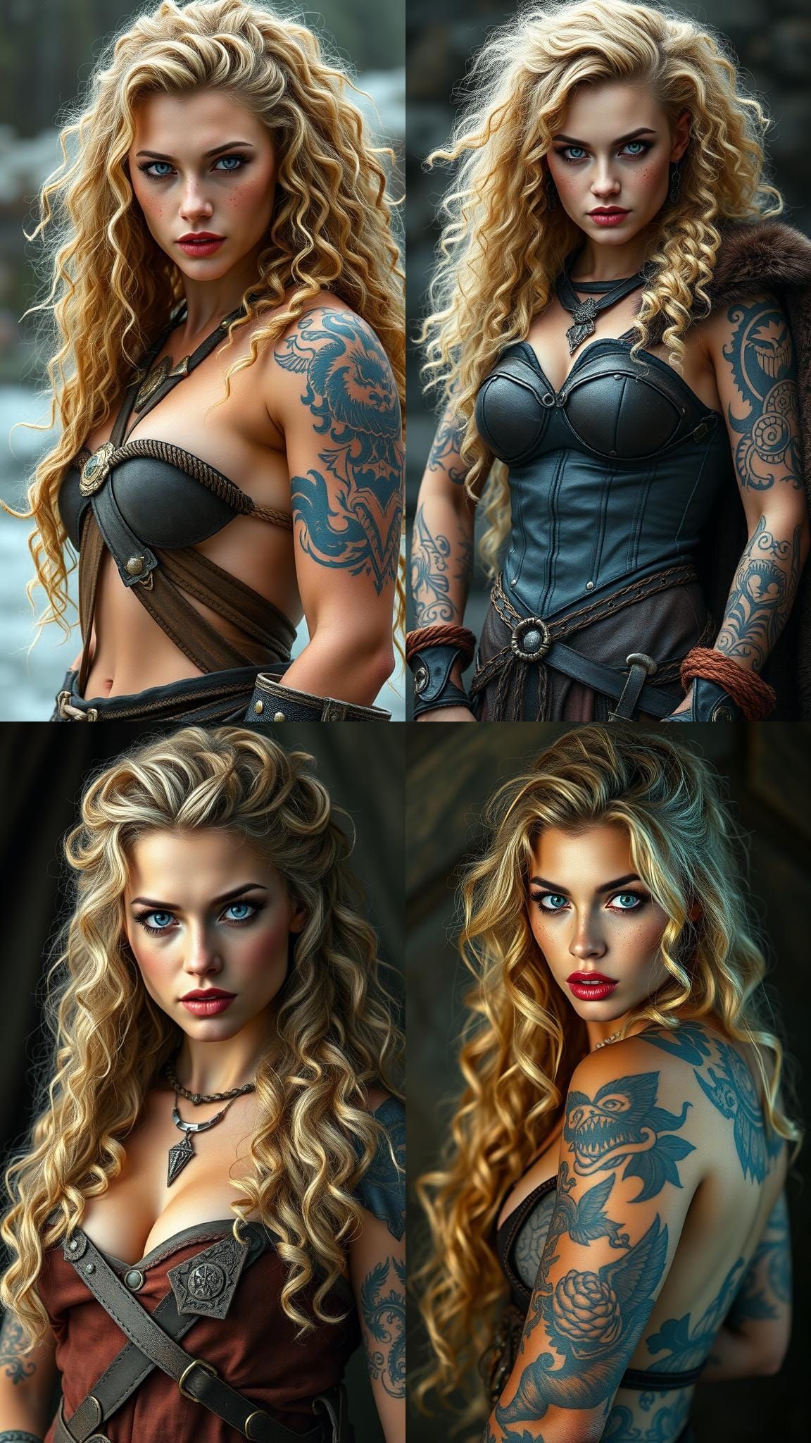 pic1.raw, hot viking woman, blond curly long hair ,blue eyes, full lips,freckles, full body shoot , tattoos