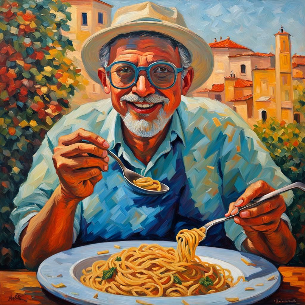 Seraph Angel Enjoys Pasta: Neo-Impressionist Oil Painting