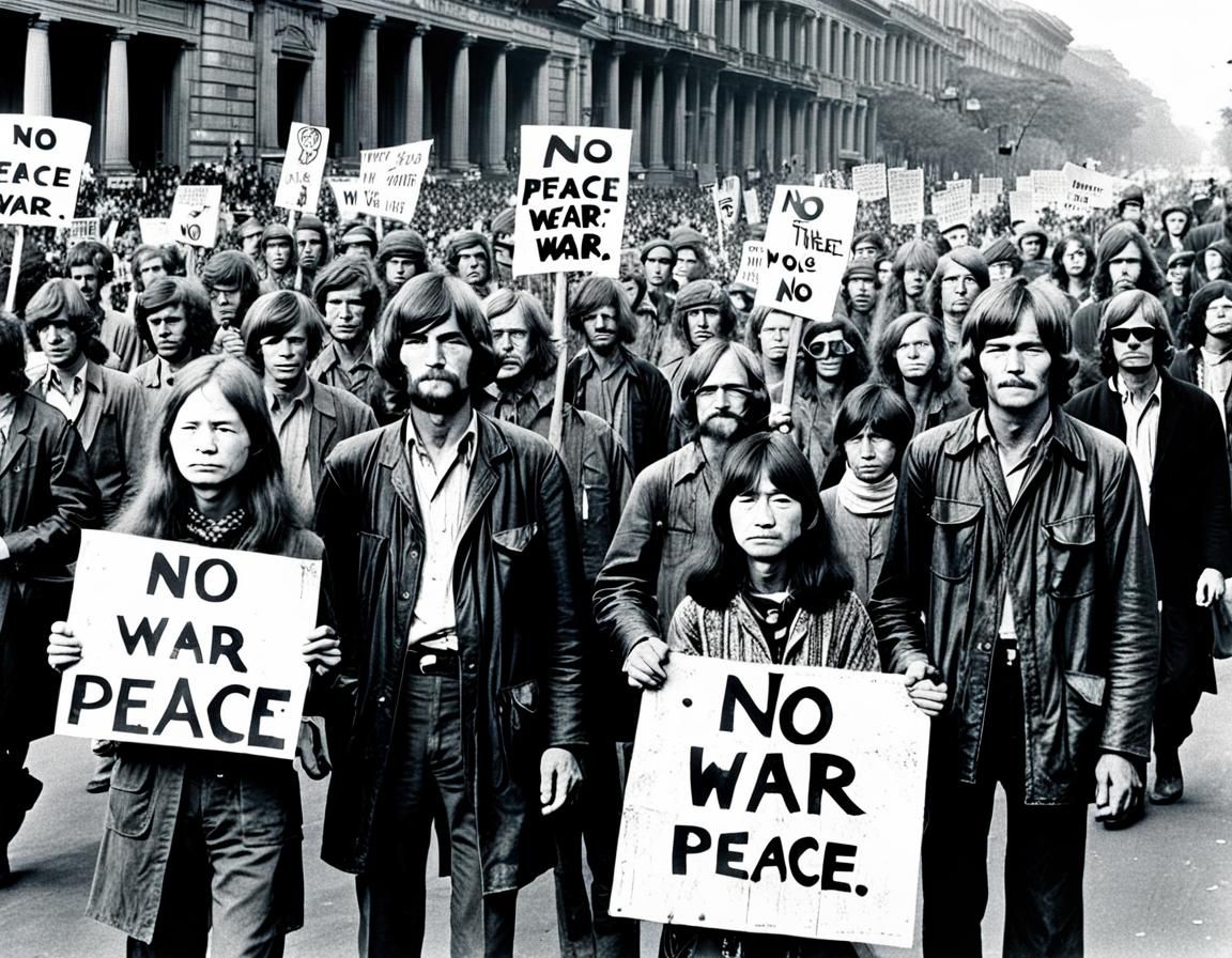 The "Hippies" Protesting the Vietnam War in the 1960s with Signs that say "NO WAR - PEACE"