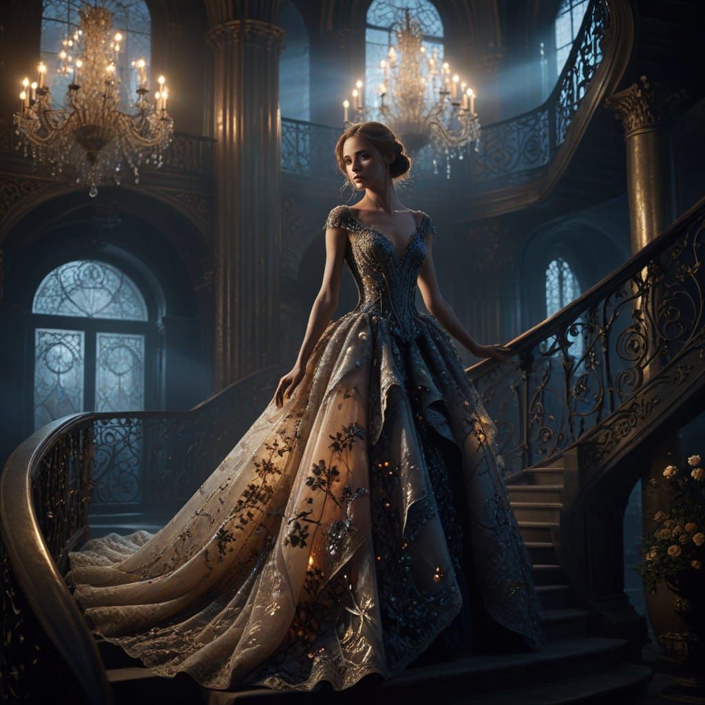 Woman in Luminous Dior Gown on Gothic Staircase