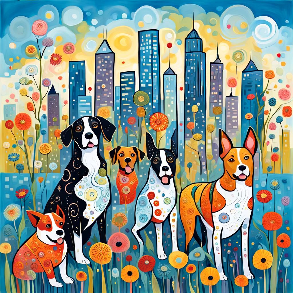 Whimsical Cityscape with Stylized Dogs in Digital Art