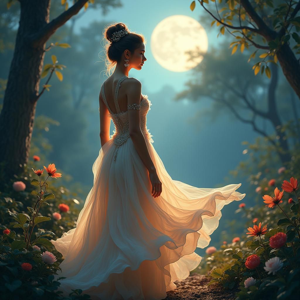 Enchanting Modern Woman in Mystical Forest, Fantasy Art