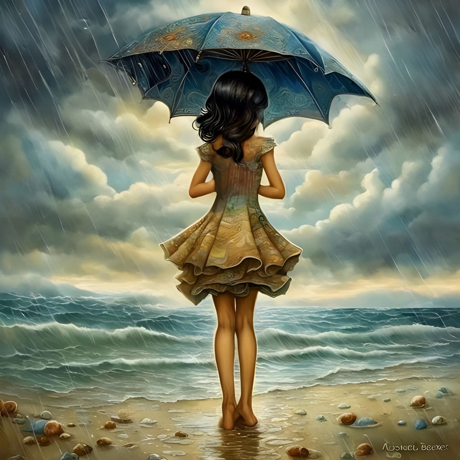 Girl in Dress Under Rain: Baroque Digital Art