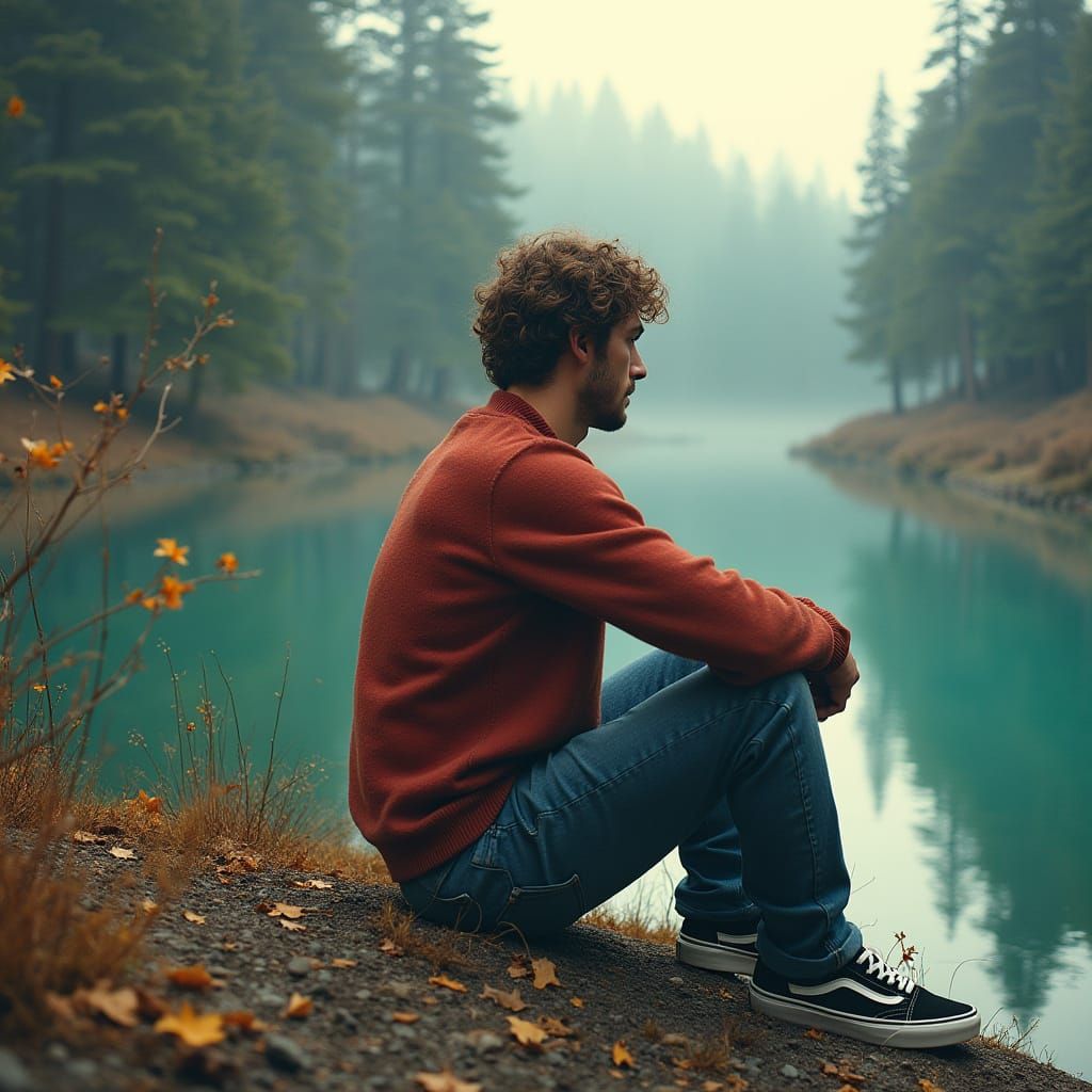 Serene Male Figure Sits by Turquoise Lake in a Whimsical Sce...
