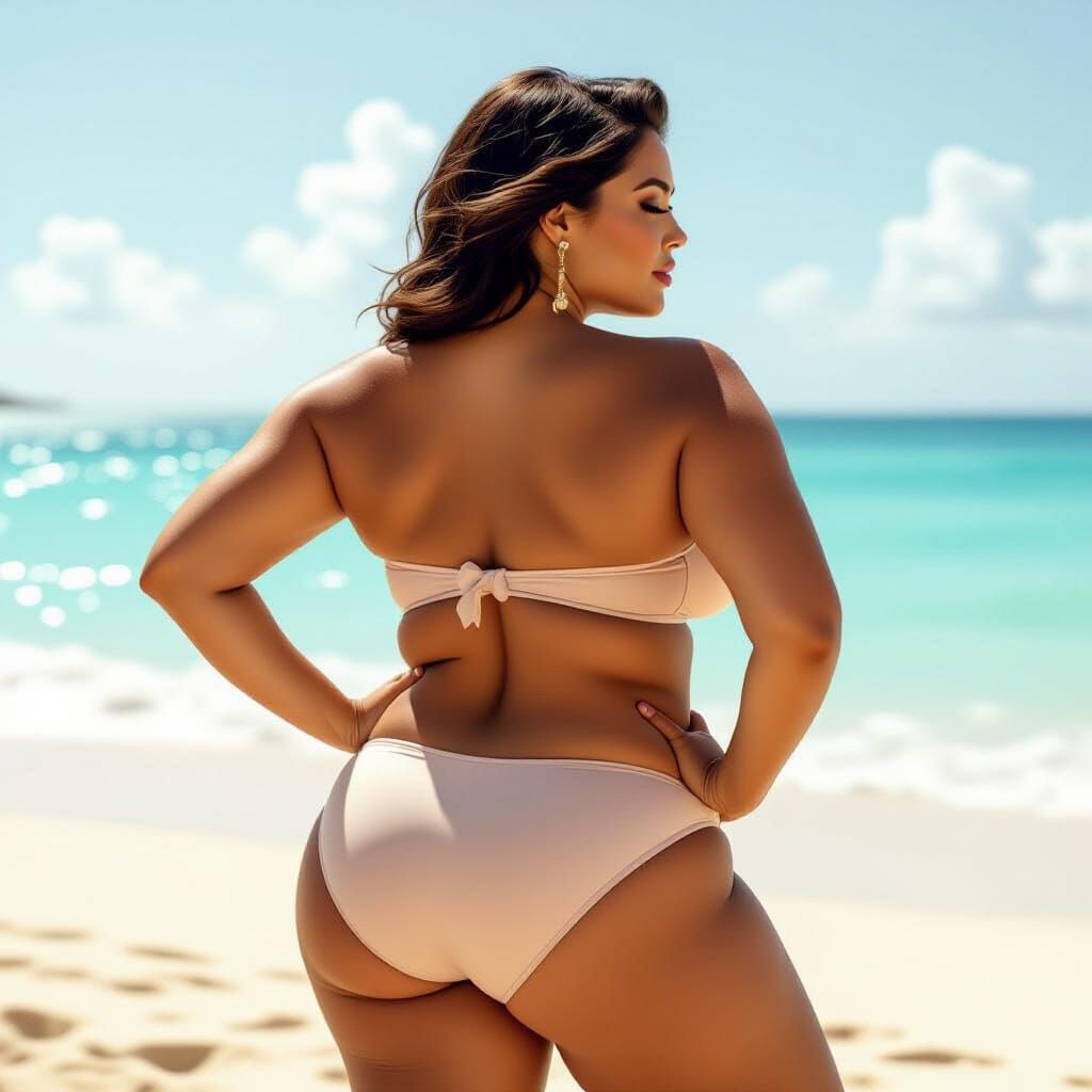 Confident Curvy Woman in Bikini, Photorealistic Style