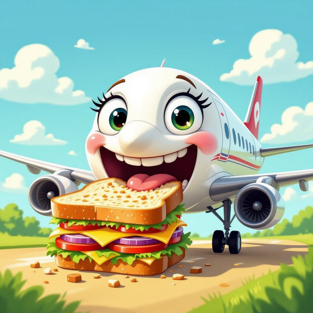Cartoon Airplane Enjoys Giant Sandwich in Playful Style
