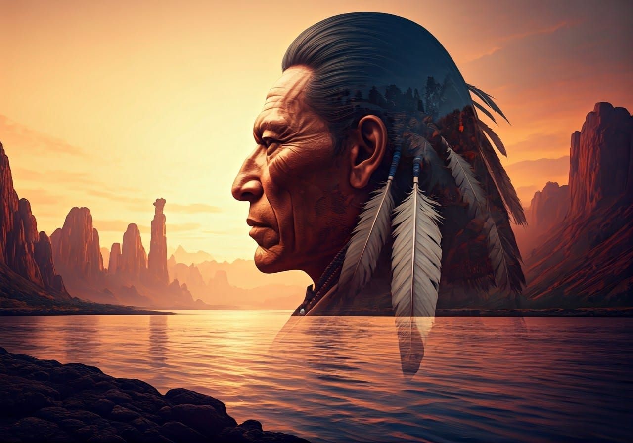 Native American Chief Double Exposure: River Landscape