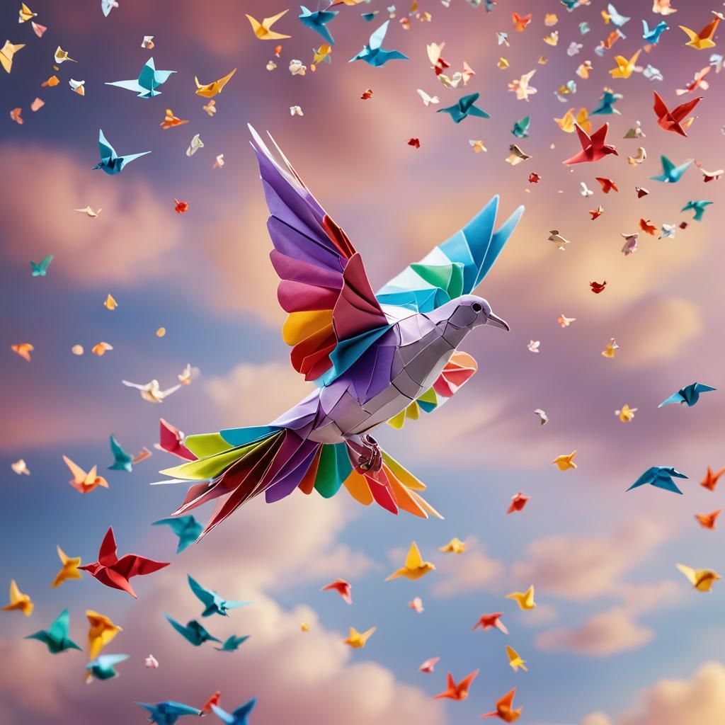 Colorful Origami Dove Soaring in a Multicolored Sky