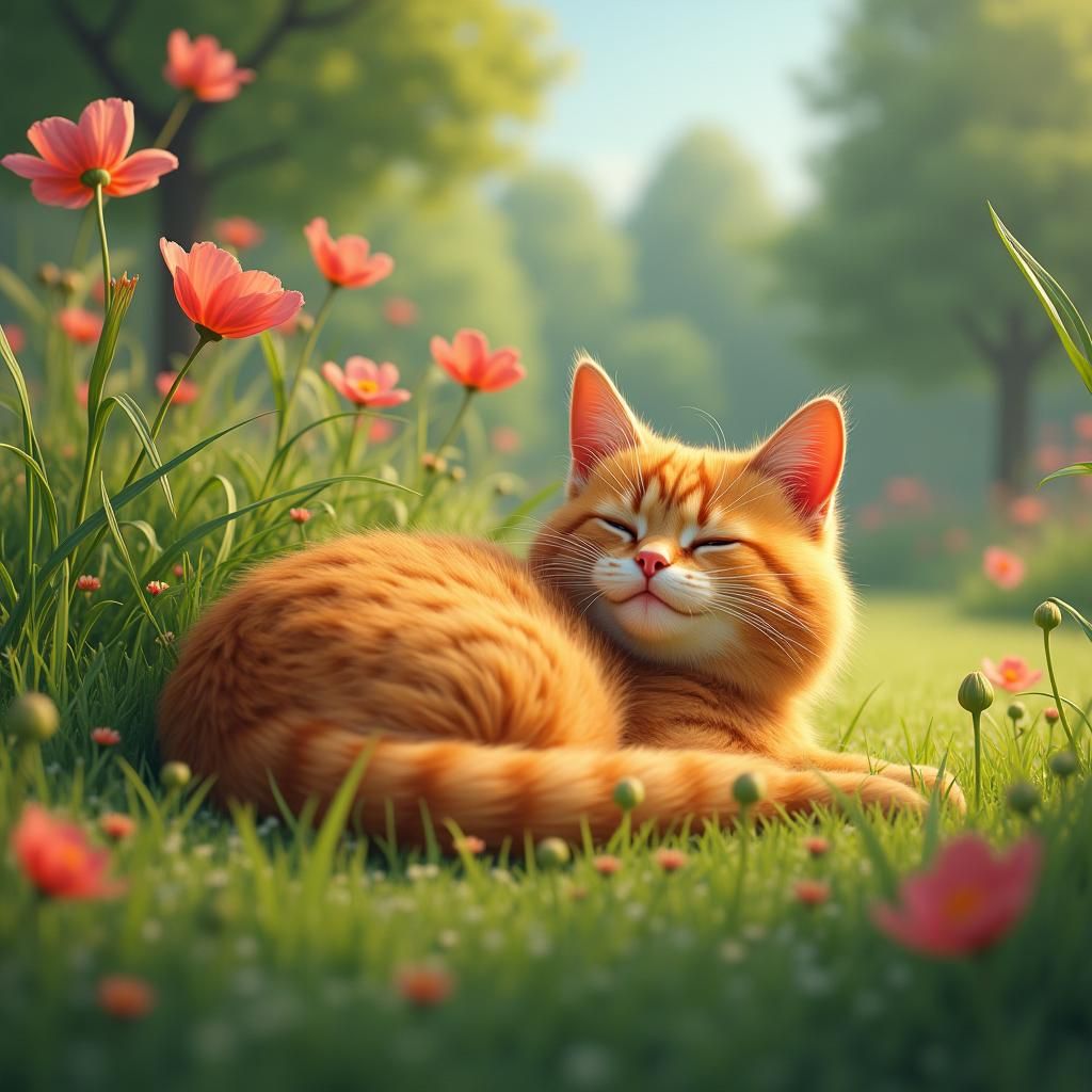 Ginger Cat Loaf in Sunny Park: Matte Painting Style