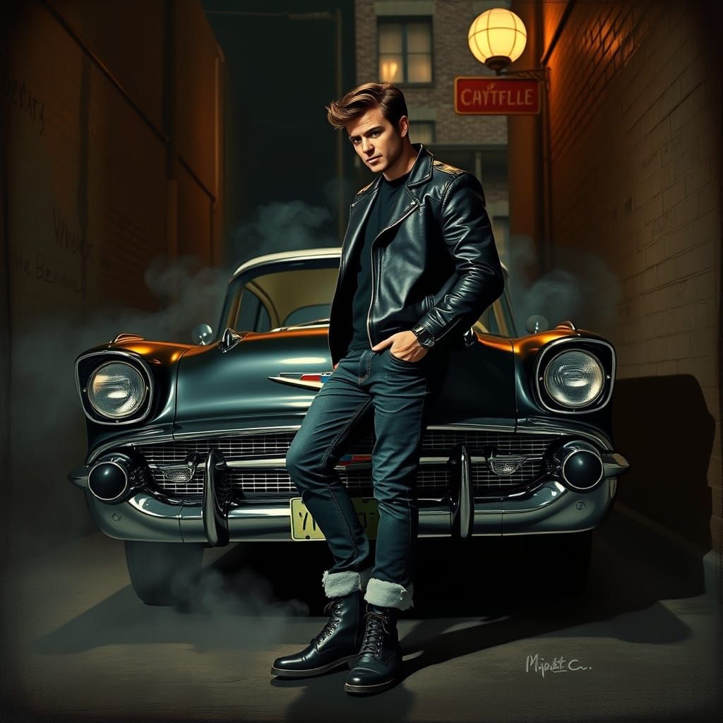 Greaser in Dim Alleyway: Film Noir Style