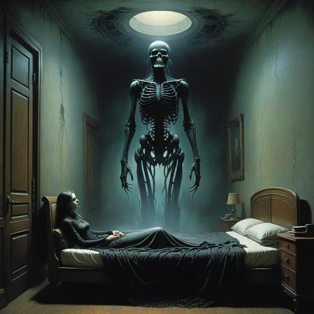 Ethereal Figure Haunts Guilty Woman in Surreal Scene