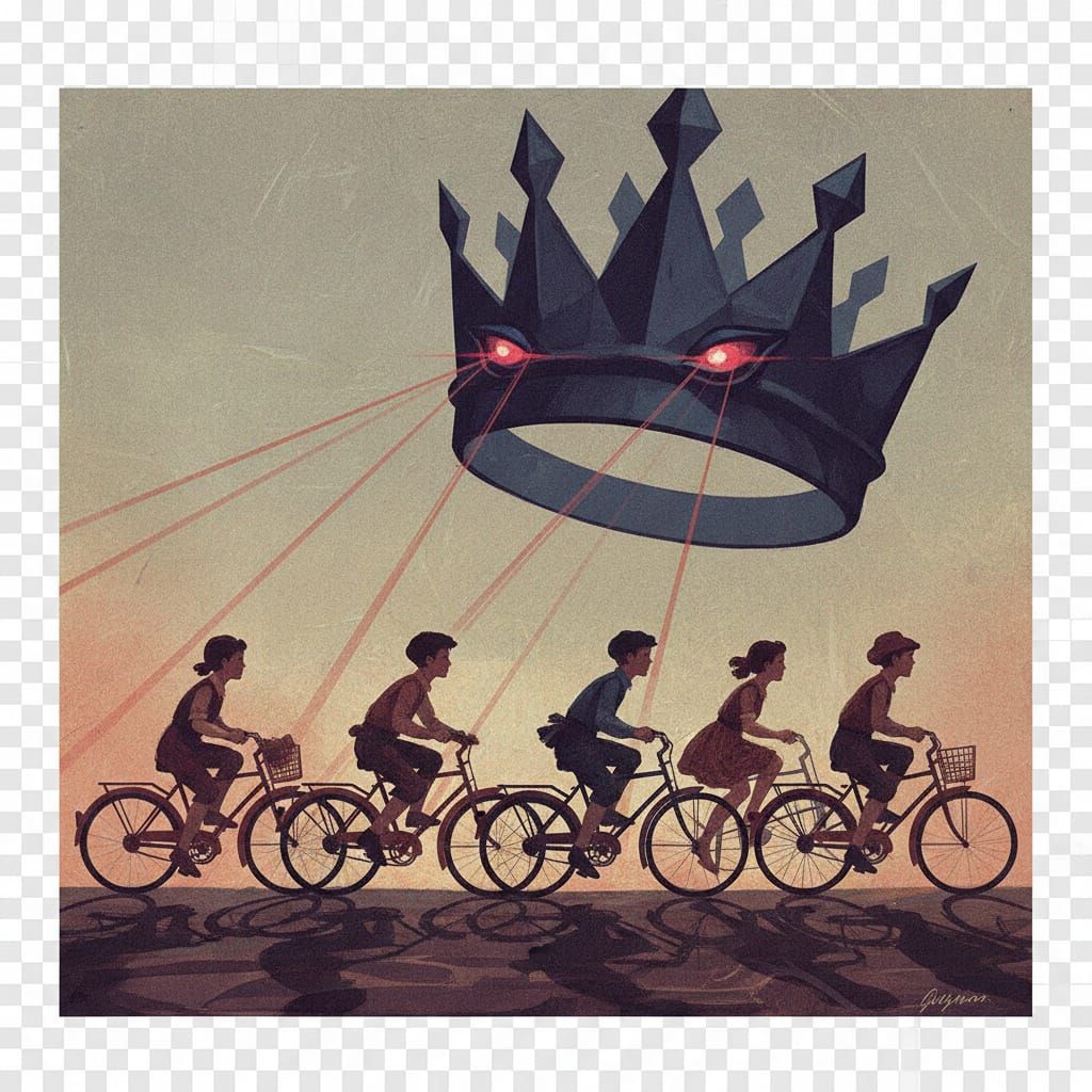 Children Ride Bikes Under Shadowy Crown Figure at Dusk