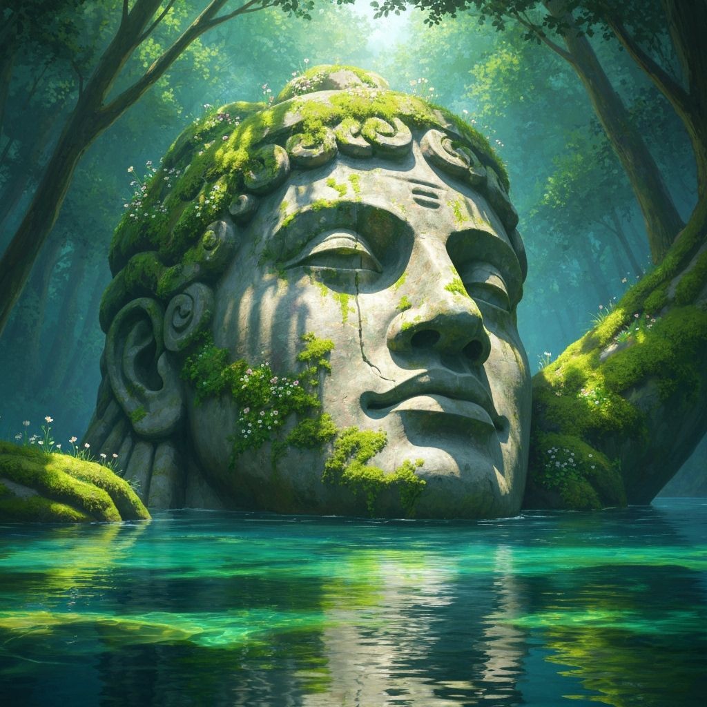 Ancient River Statue Overgrown with Moss and Flowers