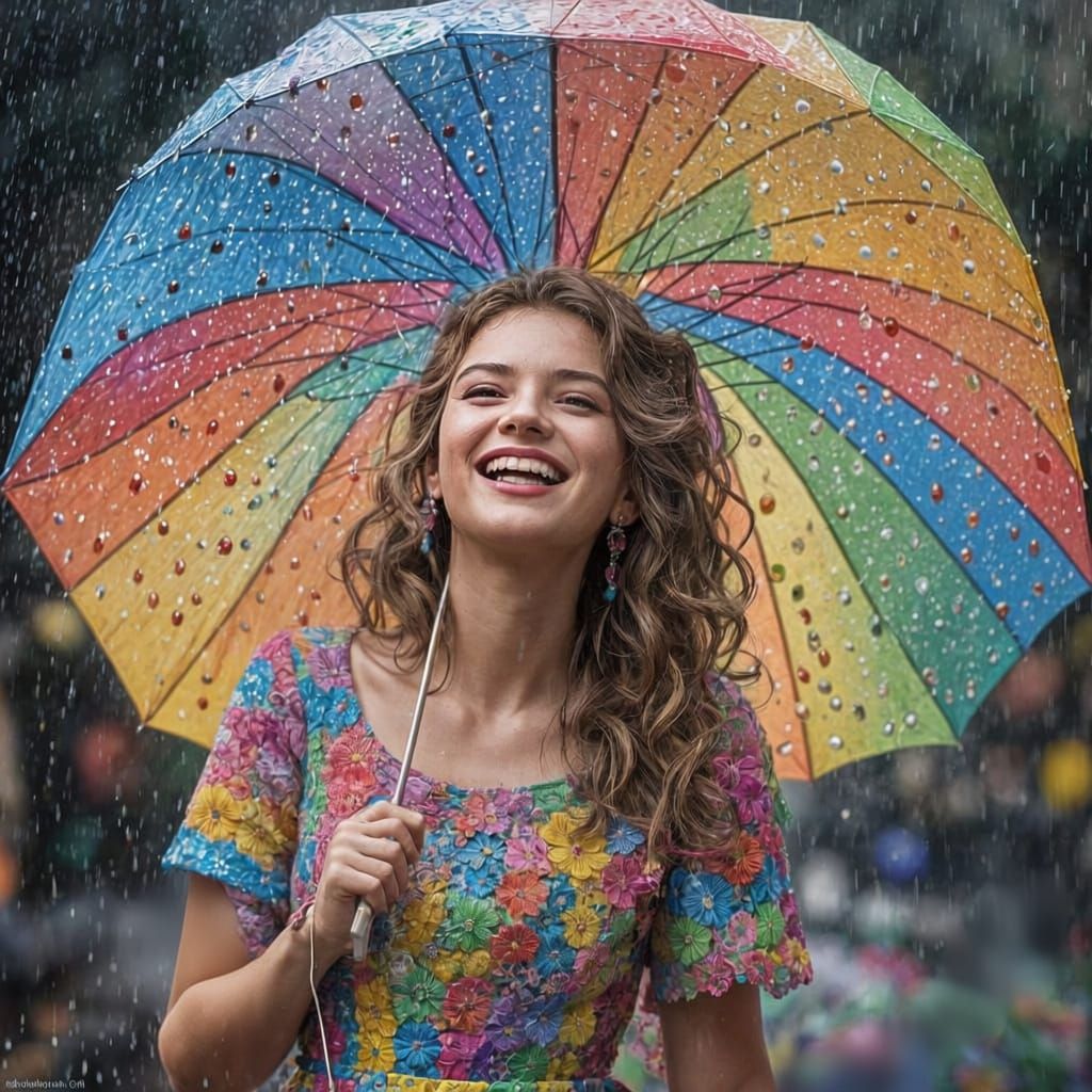 Beautiful Woman Laughing in Colorful Candy Rain