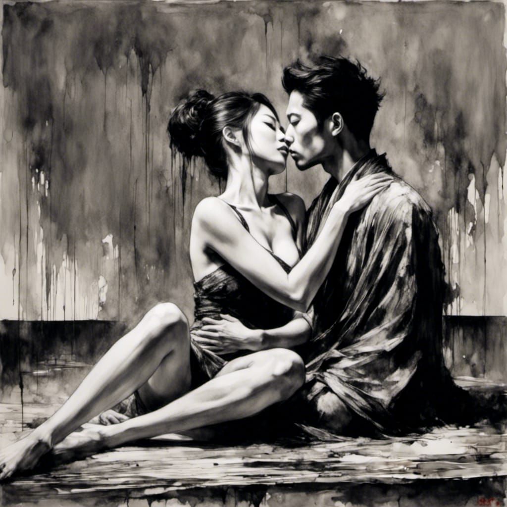 Passionate Lovers in Minka, Charcoal Drawing Style