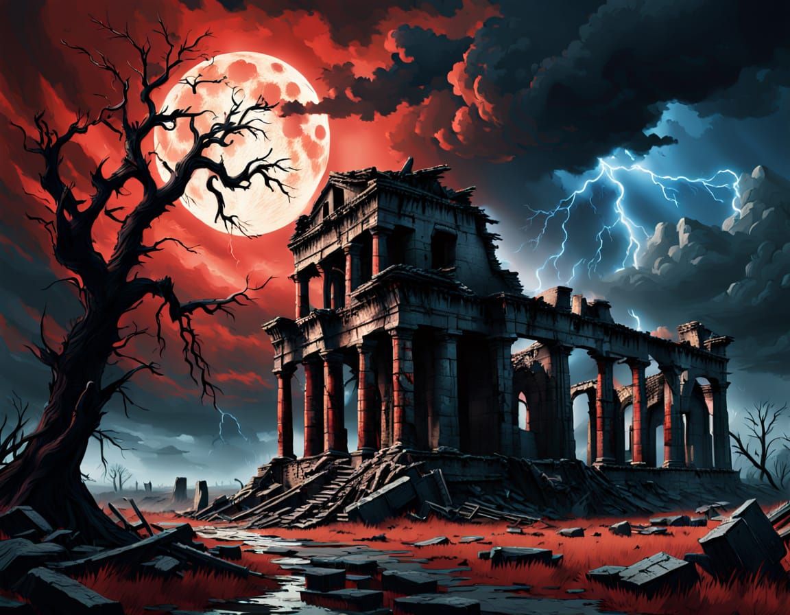 Apocalyptic Ominous Landscape Under a Blood Moon
