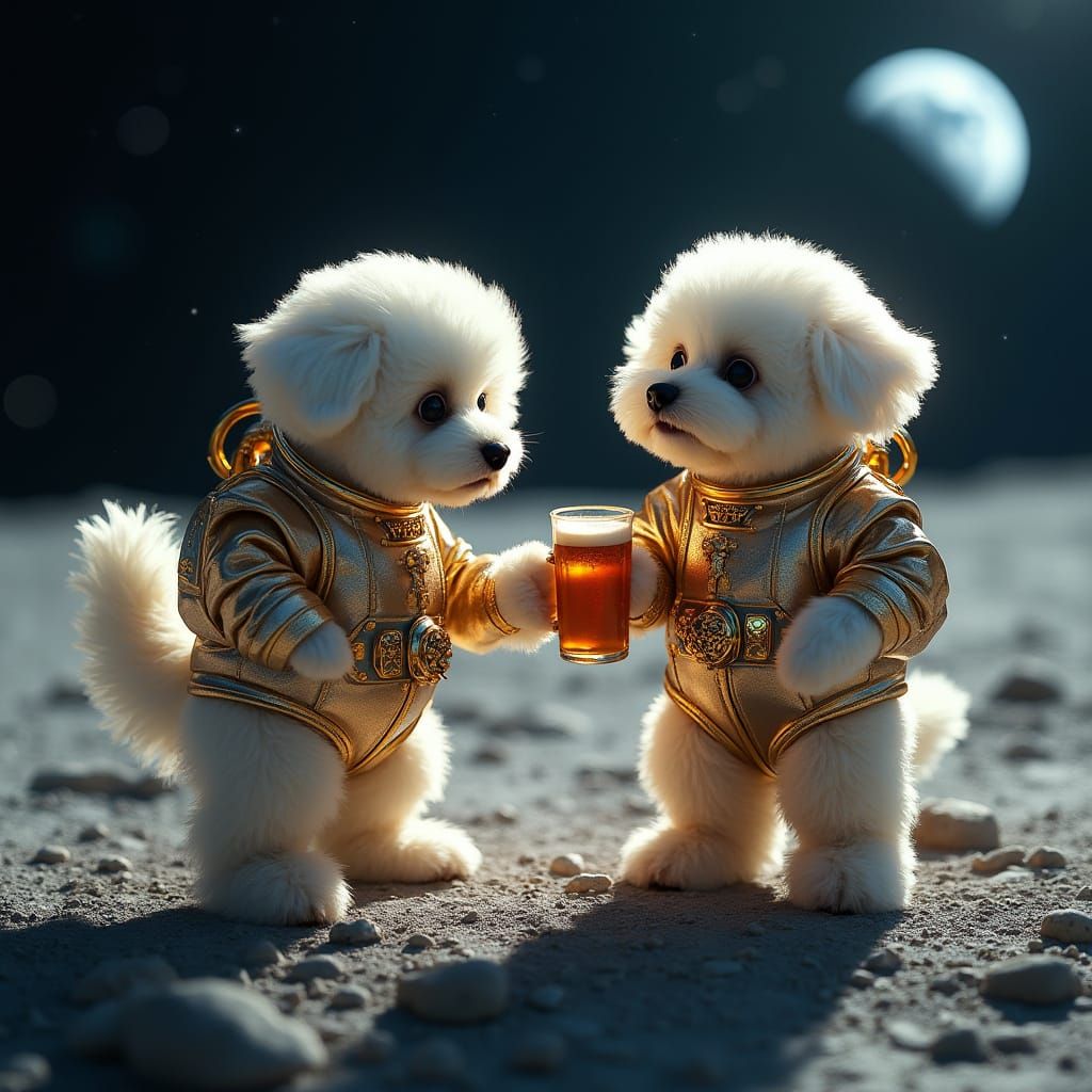 Bichon Frise Astronauts Enjoy Beer on the Moon