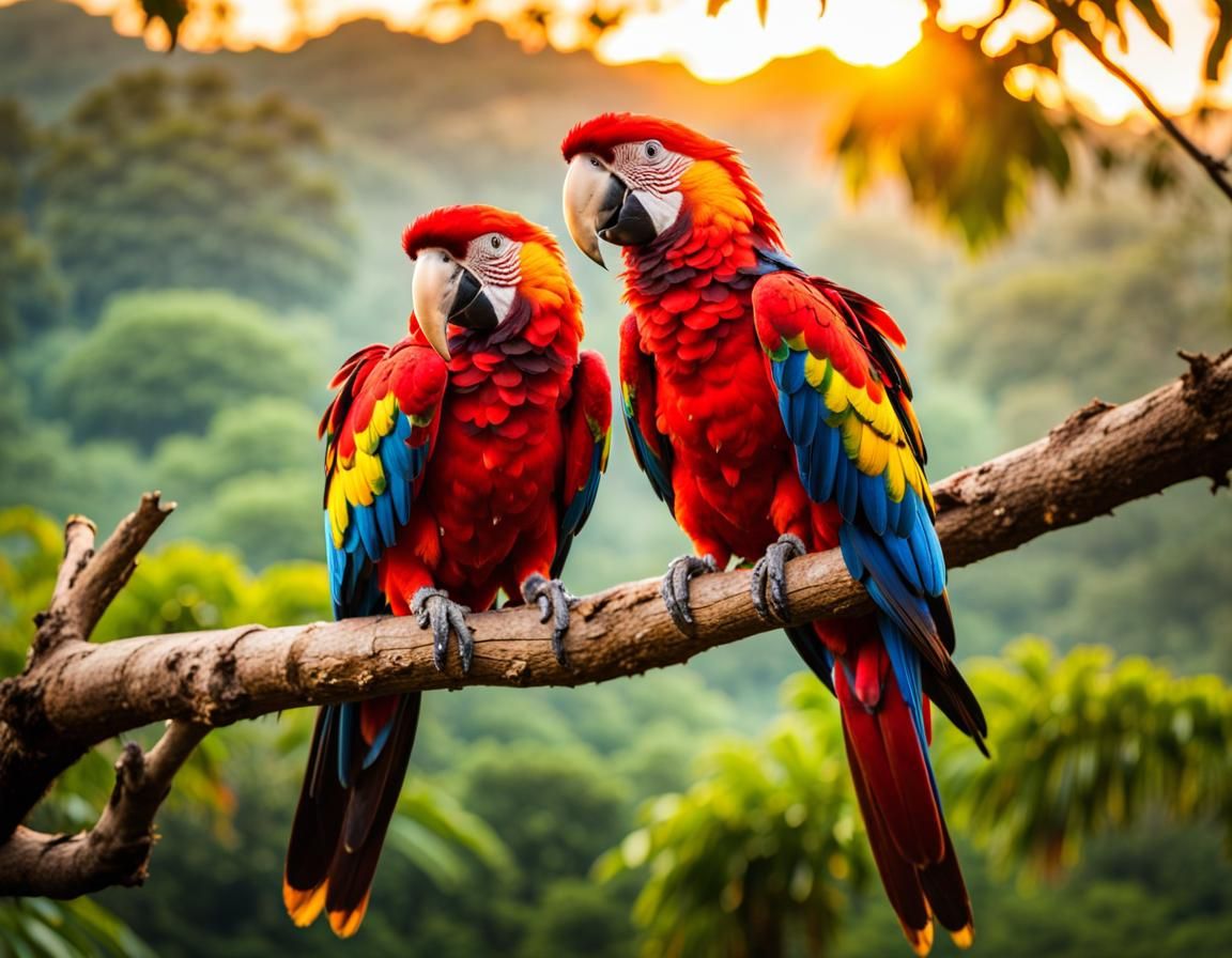 A cinematic photo of a beautiful pair of scarlet macaws care...