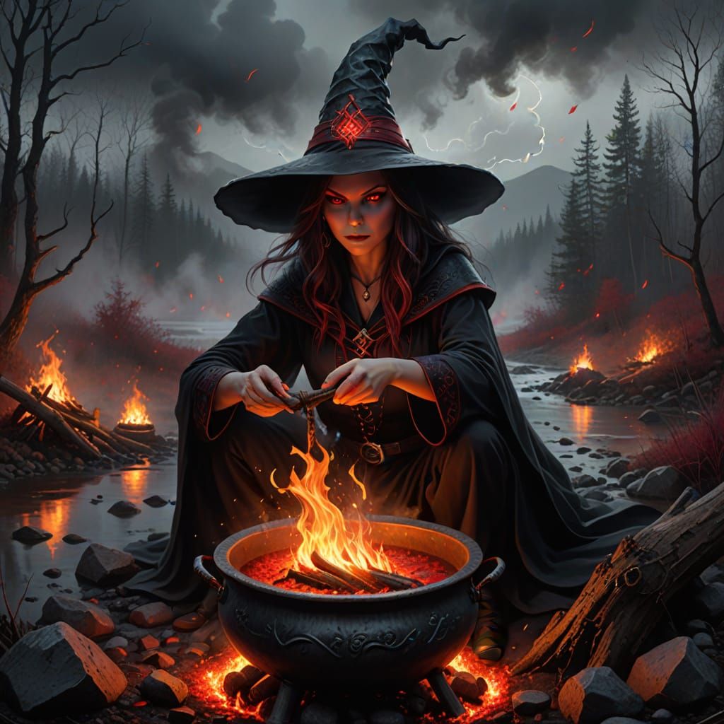 Sinister Witch Stirring Cauldron in Fantasy Style