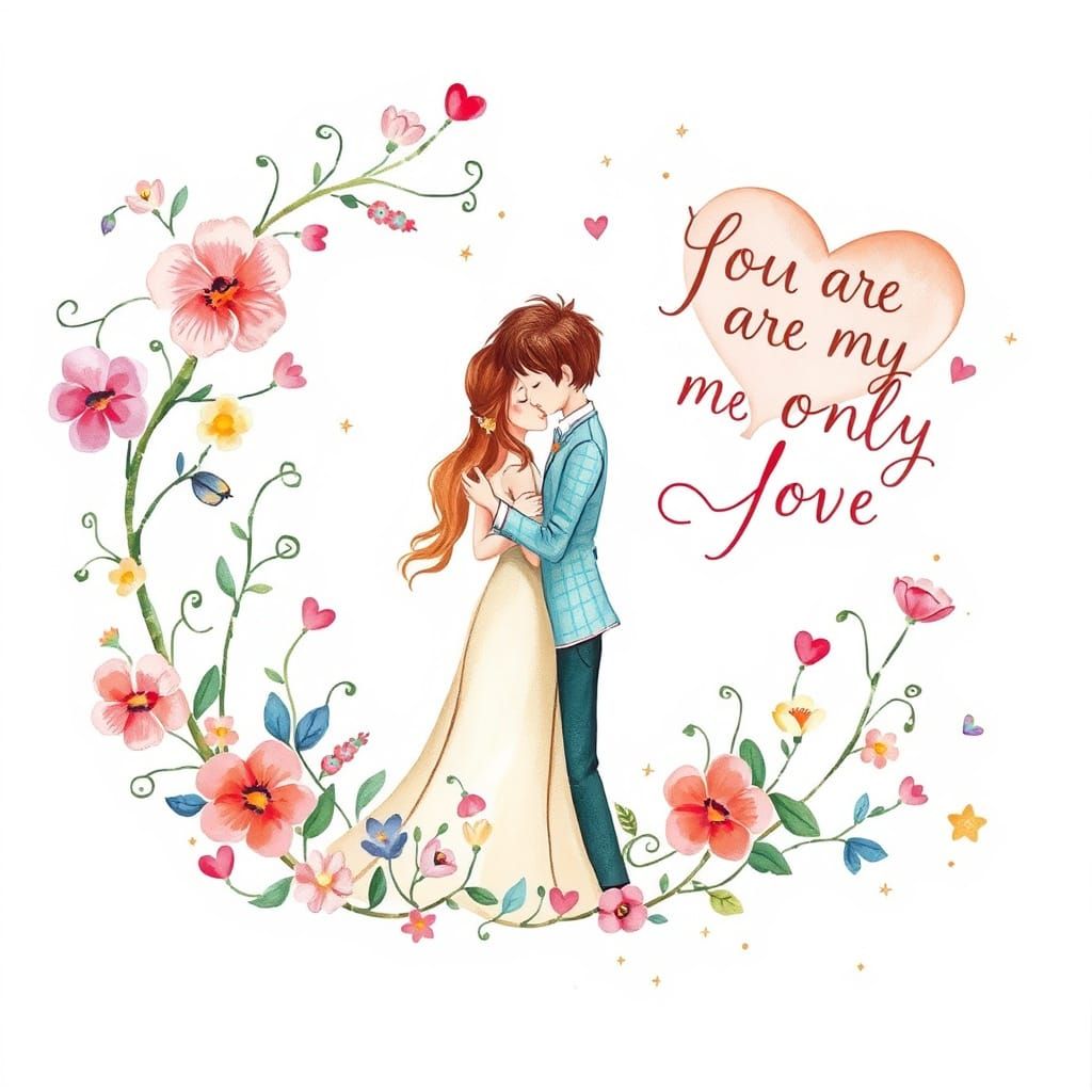 Romantic Hand-Drawn Couple in Whimsical Floral Setting