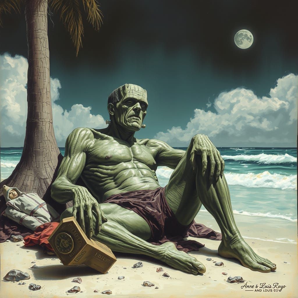 Frankenstein's Monster Relaxing on a Sunny Beach