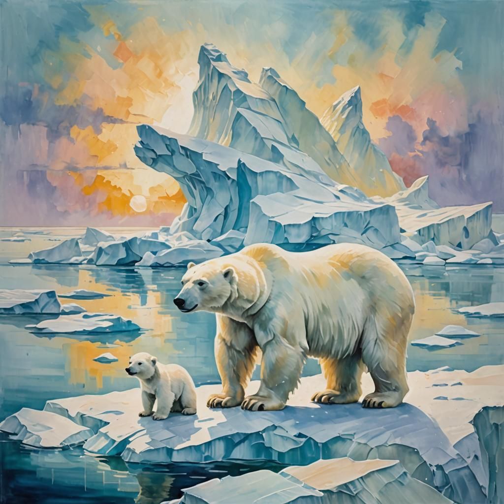 Polar Bears on Iceberg: An Impressionist Gouache Masterpiece