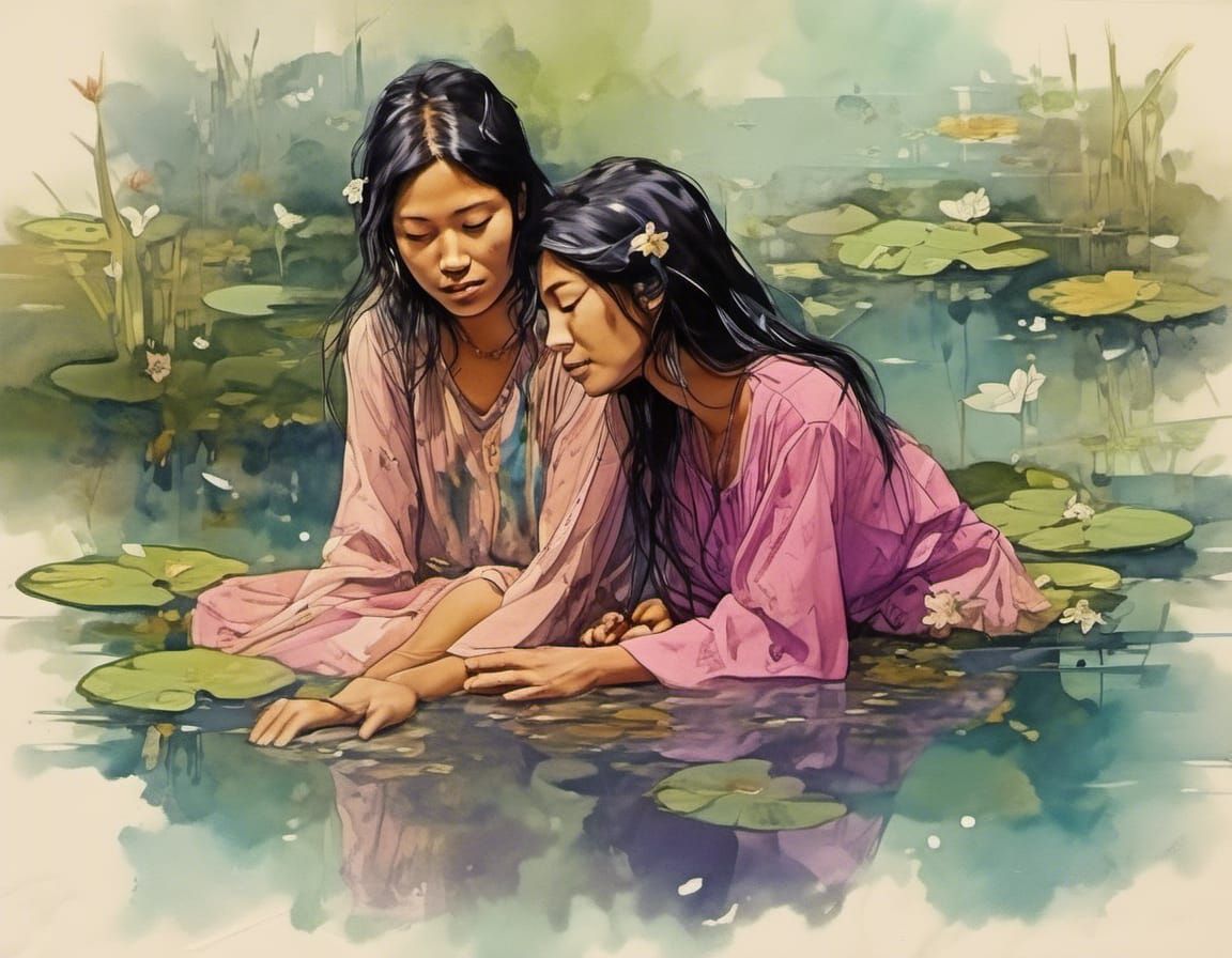 Bioluminescent Goddesses in Lotus Pond Dark Fantasy