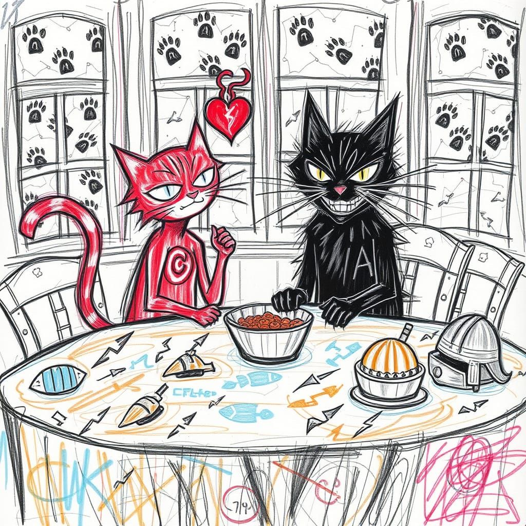 Chaotic Chalk Drawing of Two Cats