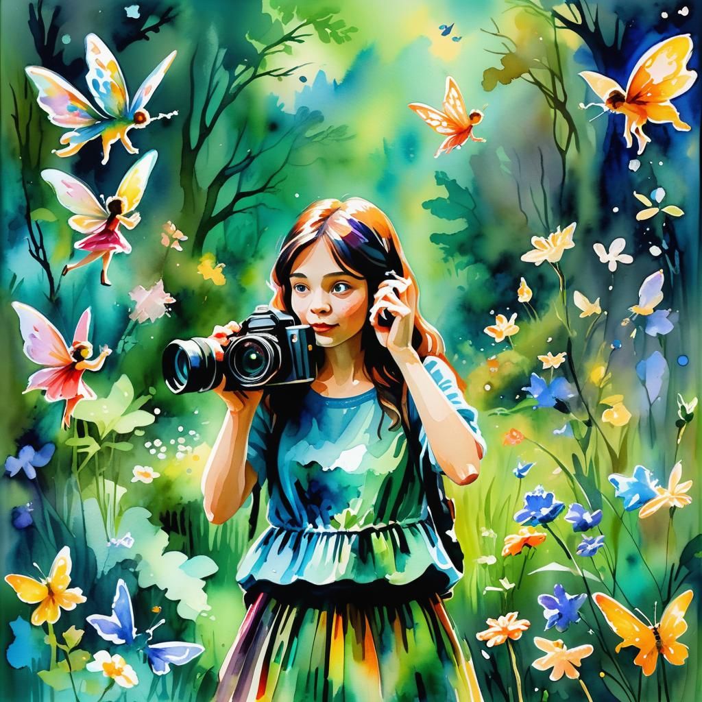 Woman Captures Fairies: Gouache Watercolor Painting