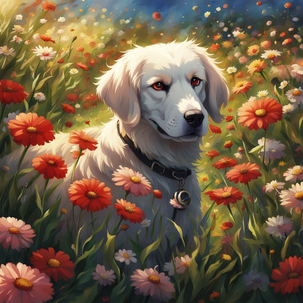 Dog at War in Anime Flower Field