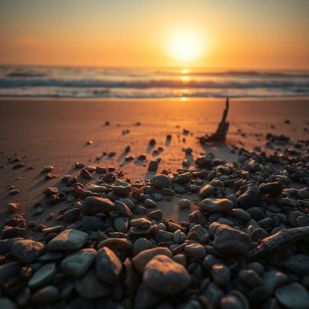 Serene Beach Scene at Dawn with Hyperrealistic Details
