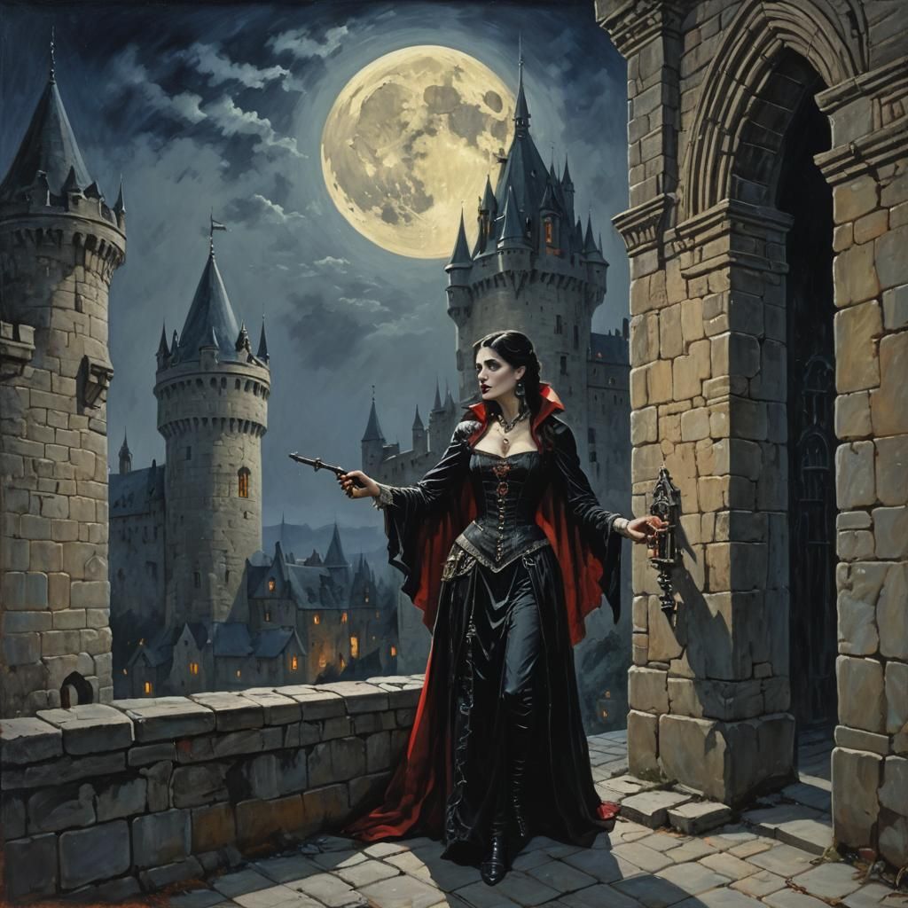 Vampire Woman Enters Castle Tower in Oil Painting