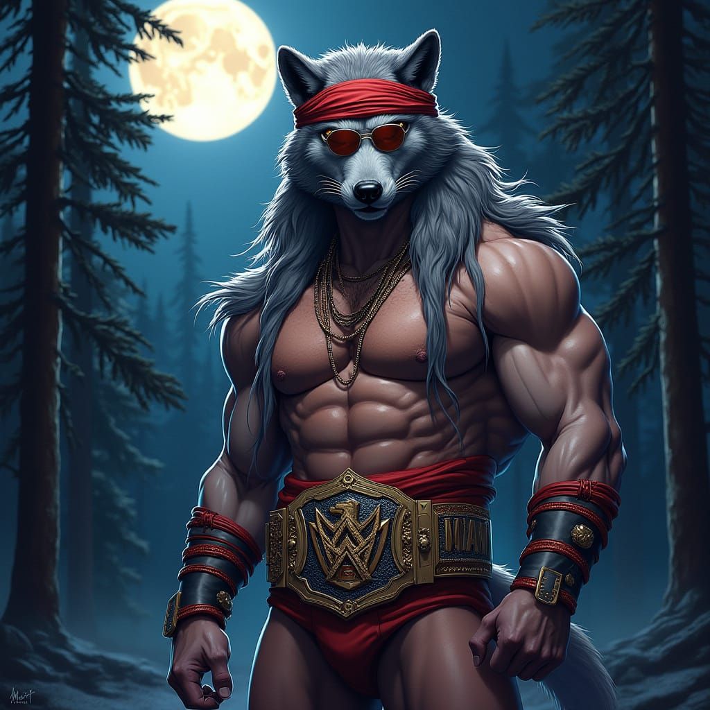 Macho Man Wolf Champion Under Moonlit Forest
