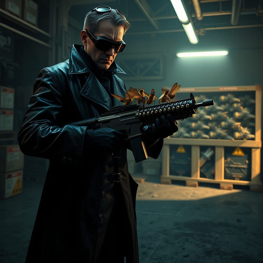 Evil Scientist Wields Murder Hornet-Fed Machine Gun in Dark,...