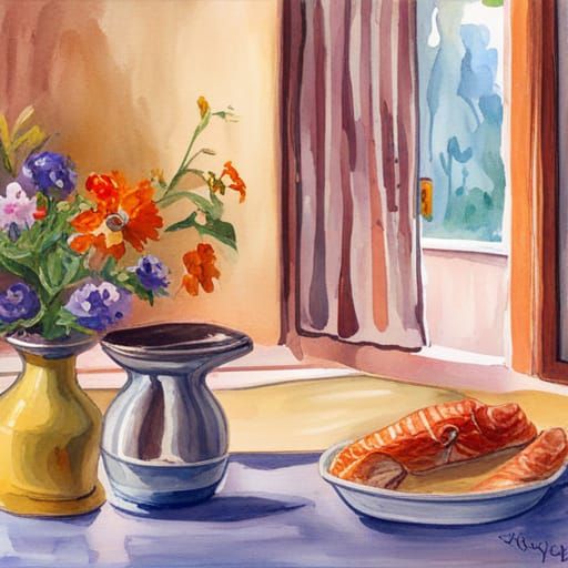 Happy Cat Eats Fish in Watercolor Cartoon Kitchen