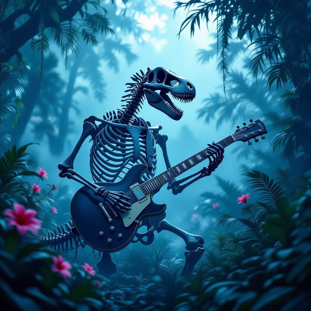 Bioluminescent Dinosaur Skeleton Guitarist in Tropical Twili...
