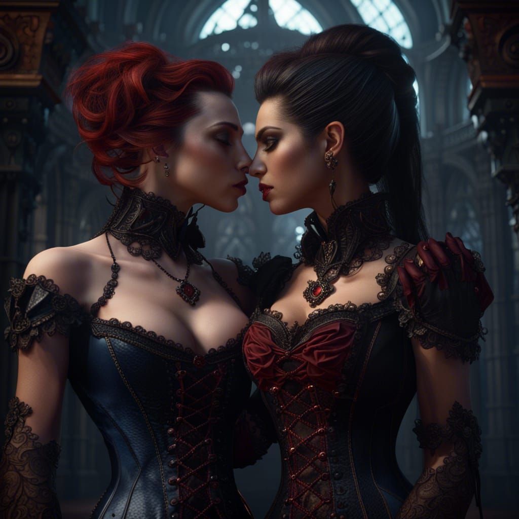 Hyperrealistic Vampire Women Kissing in Detailed Matte Paint...