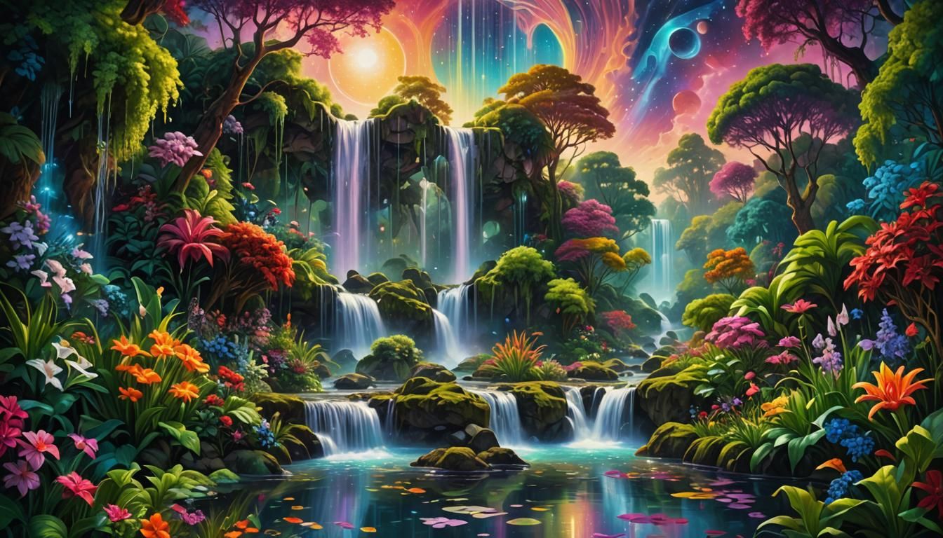 Cosmic Waterfall in Vibrant Astral Garden