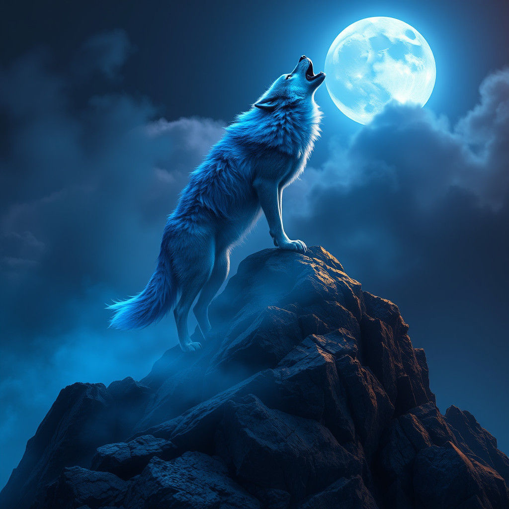 Electric Blue Wolf Howling at Fiery Moon
