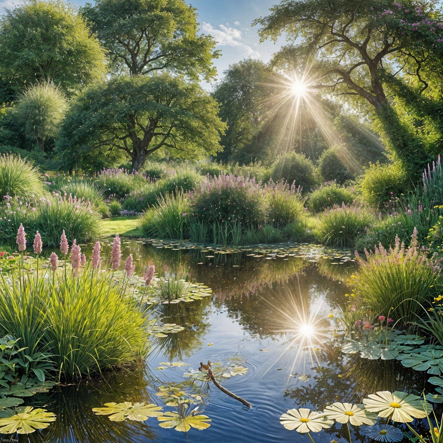 English Cottage Garden Pond Scene