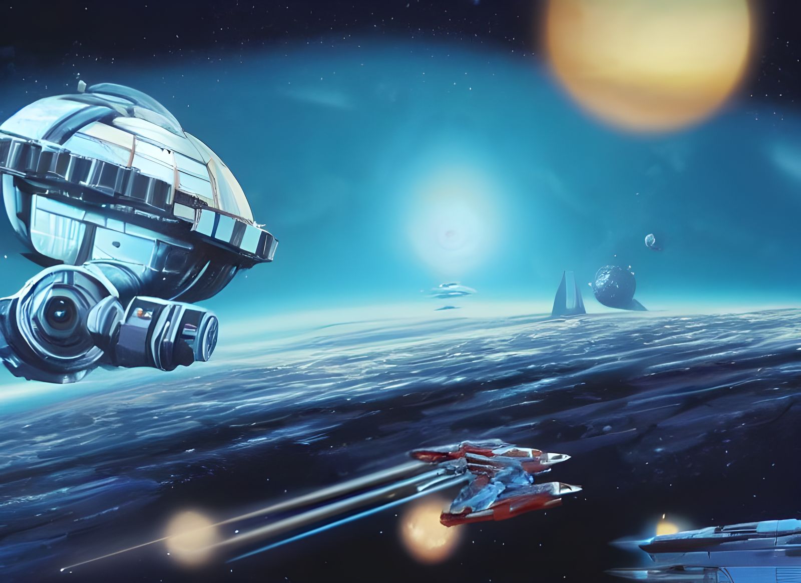 Freight Spaceship Over Blue Planet, Chris Foss Style